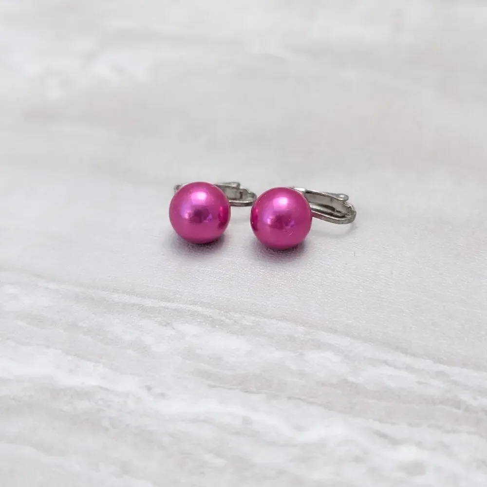 Vintage Clip On Earrings Bright Pink Ball / Faux Pearl Statement Retro Glam
